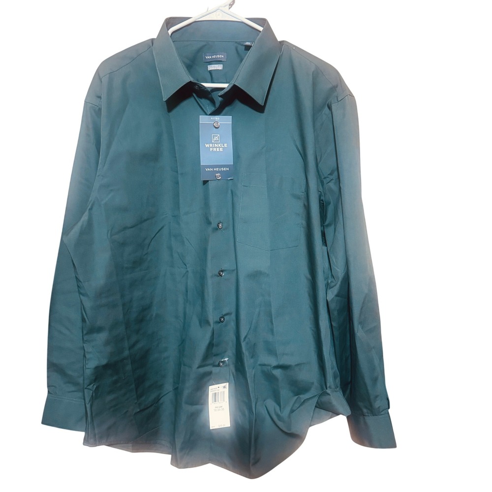 Van Heusen Mens Fitted Wrinkle Free Button Down Shirt Green Leaf 18 34-35 NEW‎